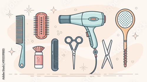 Hairdresser equipment flat icon collection featuring hair dryer scissors combs brushes and styling tools on beige background