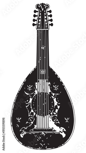 Elegant ornate mandolin with intricate decorative patterns and vintage black design.