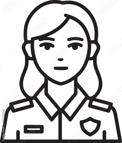 Hand Drawn Female Police Black and White Avatar Illustration in Minimal Line Art Style Design
