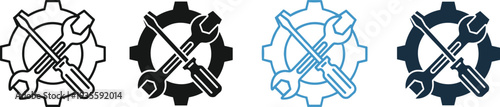 Gear with wrench and screwdriver icons set, black and blue variations, settings, maintenance, engineering tools, flat vector illustration, technical design template