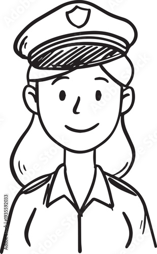 Hand Drawn Female Police Black and White Avatar Illustration in Minimal Line Art Style Design
