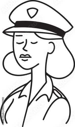 Hand Drawn Female Police Black and White Avatar Illustration in Minimal Line Art Style Design
