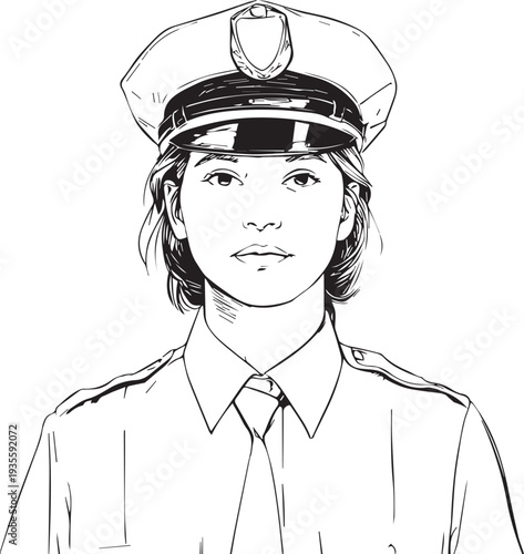 Hand Drawn Female Police Black and White Avatar Illustration in Minimal Line Art Style Design
