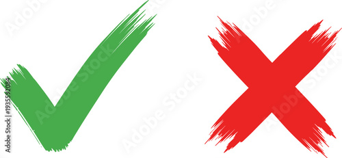 Green check mark and red cross x sign with hand drawn brush stroke texture isolated on white background for web design