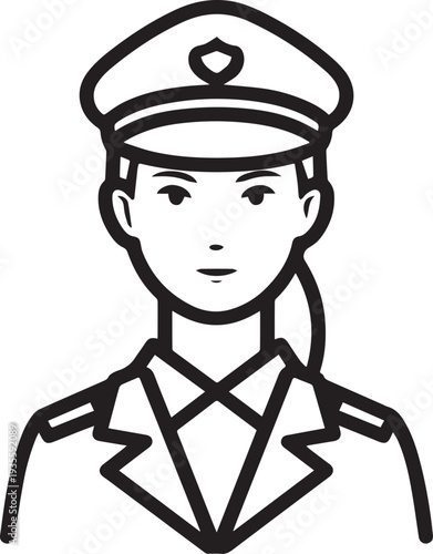 Hand Drawn Female Police Black and White Avatar Illustration in Minimal Line Art Style Design

