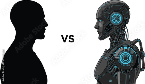 Human versus robot silhouette, artificial intelligence, futuristic technology, machine learning, digital innovation, AI concept, cybernetic design, modern science, comparison