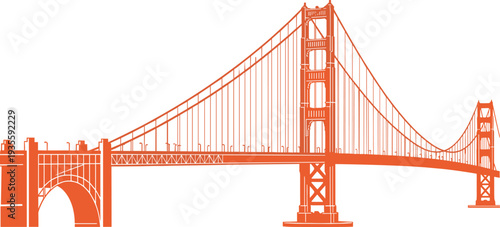 Golden Gate Bridge illustration, iconic suspension landmark, San Francisco architecture, orange silhouette vector art, engineering marvel design, travel tourism graphic isolated