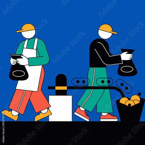 Industrial Processing Illustration: A stylized illustration showcases a food processing factory. Two workers, dressed in work attire, are engaged in sorting or packing produce.
