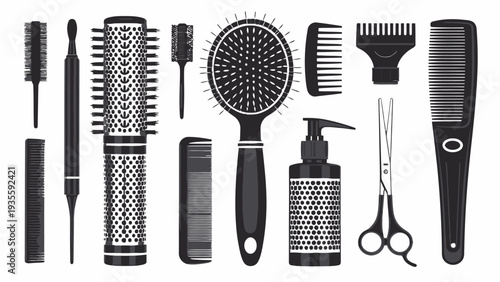 Haircare accessories silhouette vector bundle features various styling tools and products on white background for beauty and salon use