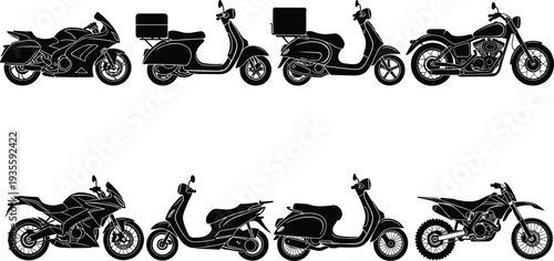 Set of black motorcycle silhouettes including delivery scooters sports bikes cruisers and dirt bikes for urban transportation and logistics icons.