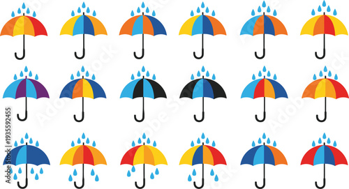 Set of colorful umbrellas with raindrops and falling water droplets, unique weather concepts, rainy season flat icons on white background