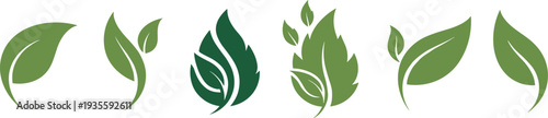 Set of green leaf logo icons and nature symbols for eco friendly branding, organic food products, environment conservation, and herbal health.