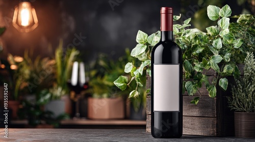 Elegant wine bottle and glass on a wooden surface with lush greenery backdrop