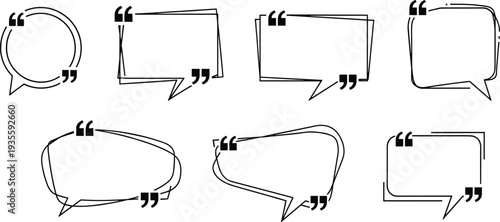 Set of hand drawn quote bubble frames with quotation marks, speech balloons, chat boxes, and message borders for testimonials, citations, and creative social media design elements.