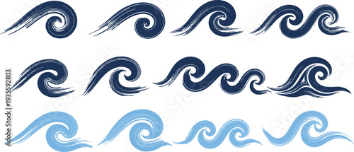 Stylized ocean wave icons collection, abstract water design, decorative sea elements, blue wave illustration set, artistic brushstroke curves, marine theme