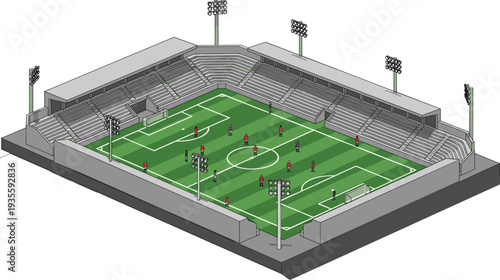 This isometric illustration of a football stadium is perfect for sports media, gaming assets, or architectural concept designs.