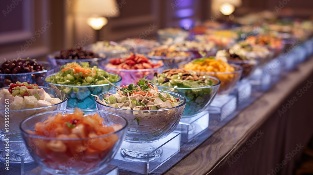 Fototapeta premium Multiple bowls of variations arranged on long dessert buffet table, pastel color palette, elegant catering event lighting