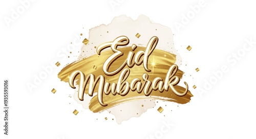 Eid Mubarak greeting with gold brush stroke and confetti