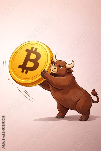 Bitcoin Bull Market Cartoon Illustration for Cryptocurrency Trading News and Financial Market Analysis