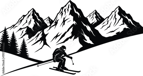Vector illustration of a skier silhouette descending a snowy slope with a majestic mountain range and pine trees in the background.