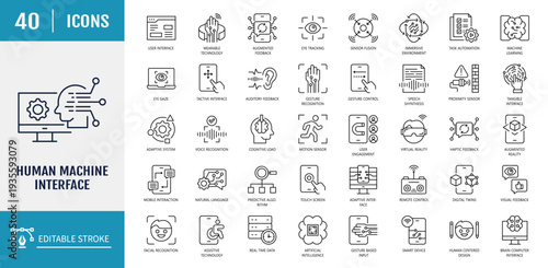 Human machine interface icon set. Includes user interface, touch screen, voice recognition, virtual reality, augmented reality. Outline icon set. Vector illustration with editable stroke