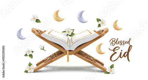 An open book on a wooden stand surrounded by flowers and crescent moons with Blessed Eid text