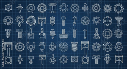 Technical Blueprint Drawings of Mechanical Components and Parts.
