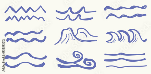 Set of hand drawn sea waves in different shapes. Vector illustration. Hand drawn sketches.