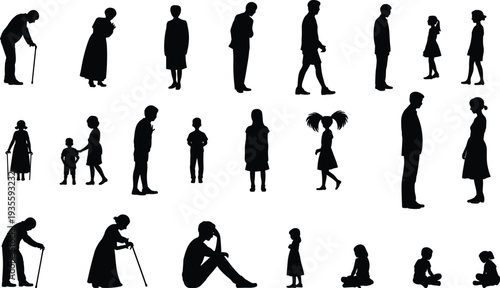 Black Silhouettes of People of Different Ages Standing Walking and Sitting Representing Life Stages Senior Citizens Adults and Lonely Children