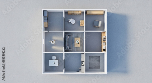 Top view of a modern apartment floor plan with furniture.