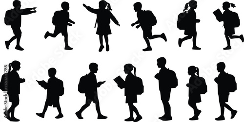 Black Silhouettes of School Children with Backpacks Walking Running Reading and Playing Isolated on White Background for Back to School