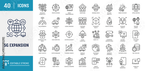 5G expansion icon set. Includes faster internet speed, reduced latency, enhanced connectivity, smart city, autonomous vehicle. Outline icon set. Vector illustration with editable stroke