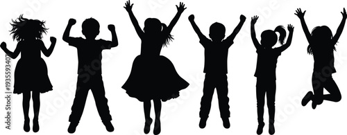 Happy jumping children silhouettes set with diverse boys and girls in joyful poses for childhood play and youth energy vector