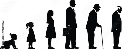 Human life cycle silhouettes showing aging process from baby and child to adult and senior man, growth and time concept,