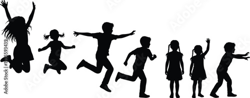 Collection of children silhouettes jumping running and playing, happy kids group activities and childhood fun vector illustration, isolated on white,