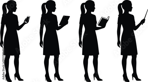 Collection of professional woman silhouettes standing and holding a smartphone, digital tablet, open book, and a pointer, for education concepts,