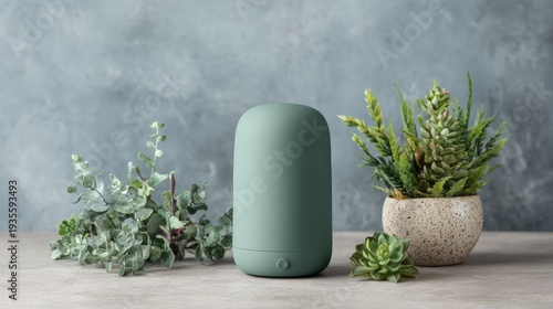 Modern green air purifier with plants against textured background