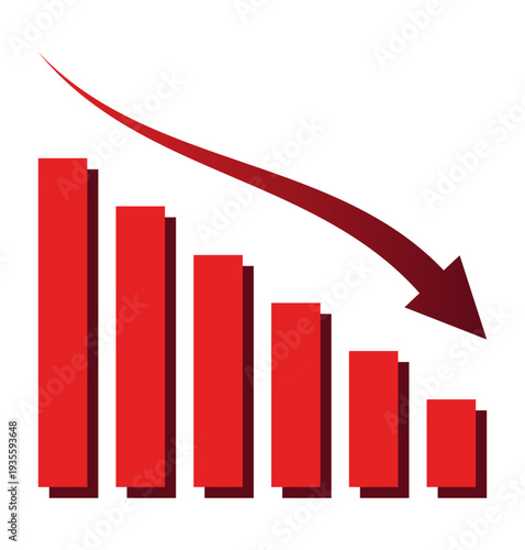 Bankruptcy concept with declining bar chart and arrow down isolated on white background