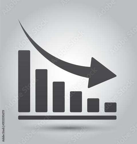 Negative trend bar graph with arrow down. Financial crisis