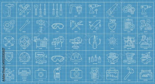 Blueprint Grid with Technical Drawings and Schematics.