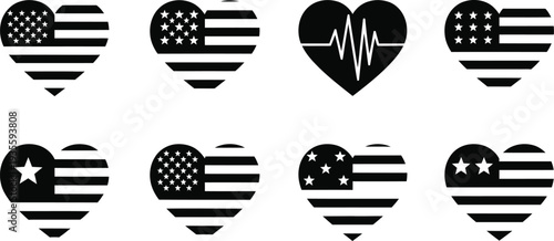 American flag heart icon set patriotic symbols