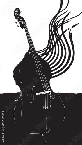 Silhouette of an upright bass with flowing musical lines forming an abstract graphic design.