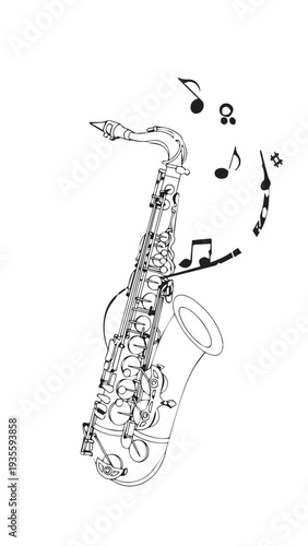 Elegant line drawing of a saxophone with floating musical notes for a musical instrument illustration.