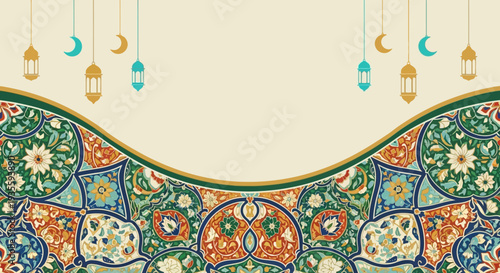 Ornate Islamic pattern background with hanging lanterns and crescent moons