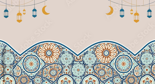 Vector graphic of hanging lanterns and crescent moons with ornate patterns