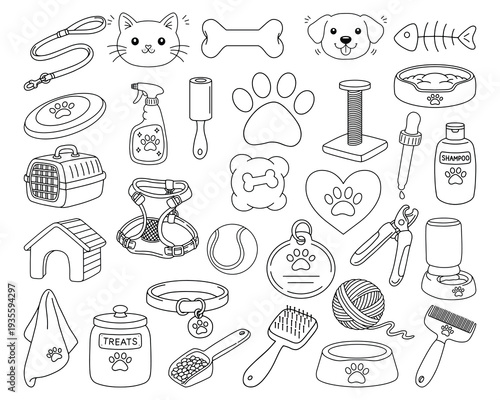 Pet Care Line Icons Set, Dog Cat Accessories and Grooming Tools Collection