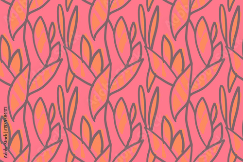 Seamless vector pattern with stylized hand drawn leaves in warm orange tones outlined in dark lines on a pink background. Modern botanical texture perfect for textiles, packaging, and decor