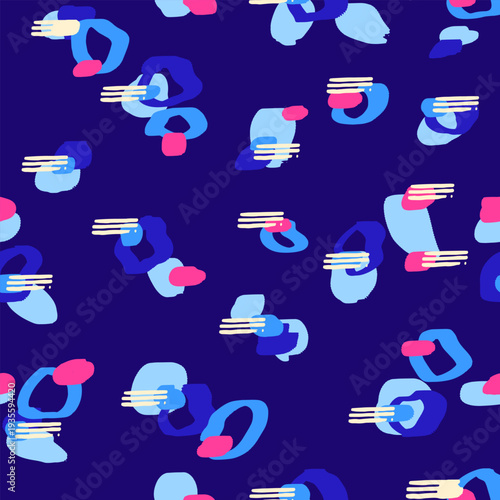 Seamless abstract vector pattern of playful organic blue forms with pink accents and cream stripes on deep navy background. Modern trendy design for fabric, wallpaper, packing, web