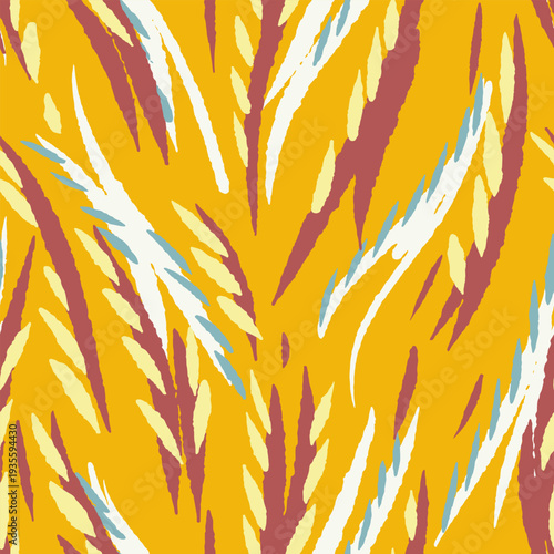 Seamless abstract pattern with expressive brushstroke shapes in mustard yellow, cream, blue, and terracotta tones. Modern hand painted style background  for textiles, wallpaper