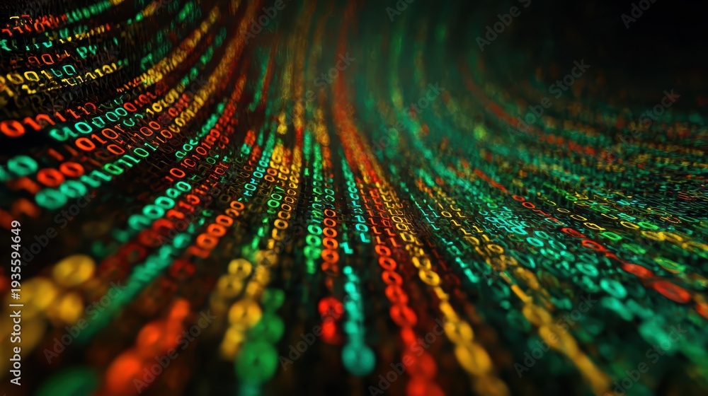 Obraz premium Digital Stream of Data: Abstract representation of a digital stream of data, with lines of binary code flowing across the frame, highlighting the concepts of information.